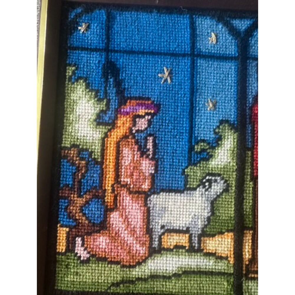Vintage Framed Nativity Needlepoint Stained Glass Triptych Art Christmas